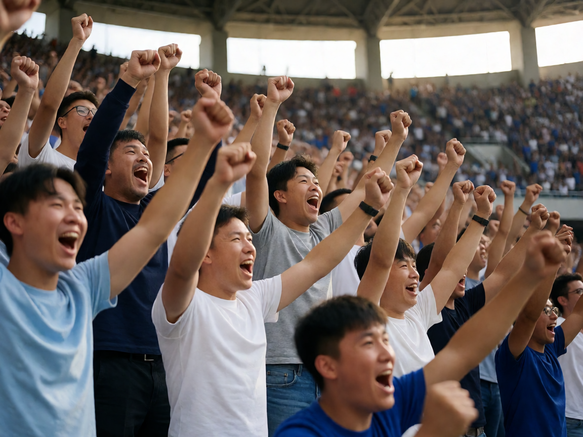 球迷们在体育场内共同庆祝进球的激情场面